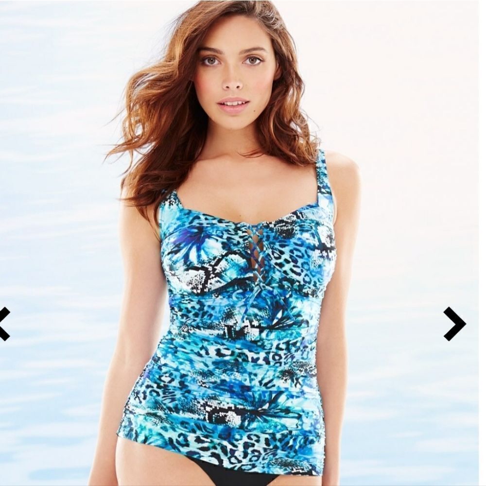 SOMA COTTEX OASIS SHADES OF BLUE ANIMAL PRINT TANKINI SWIM TOP, SIZE 12 - NEW - Picture 2 of 16